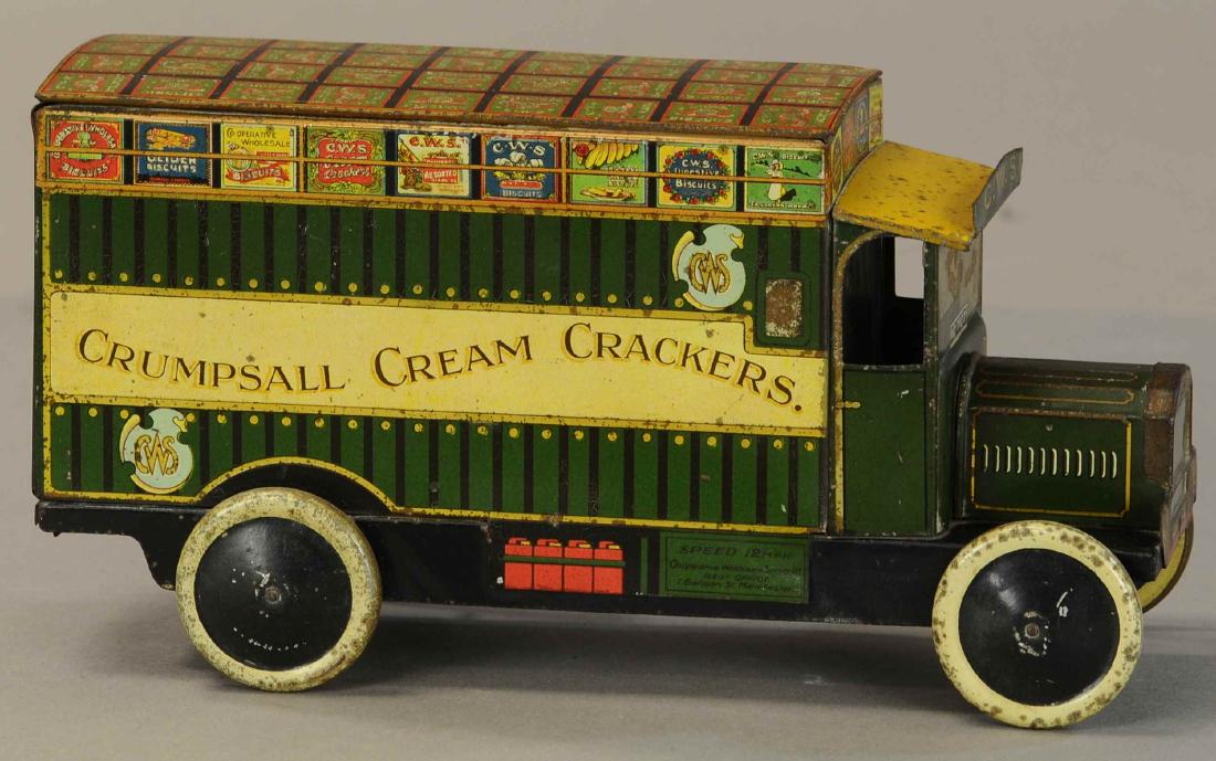 CHAD VALLEY CRUMPSALL CRACKERS DELIVERY TRUCK: 1208. CHAD VALLEY CRUMPSALL CRACKERS DELIVERY TRUCK | Very popular example with detailed lithography images and a nice automotive form. | 10" l. | Missing one tab on back door, (Exc. Cond.) | $400 - $