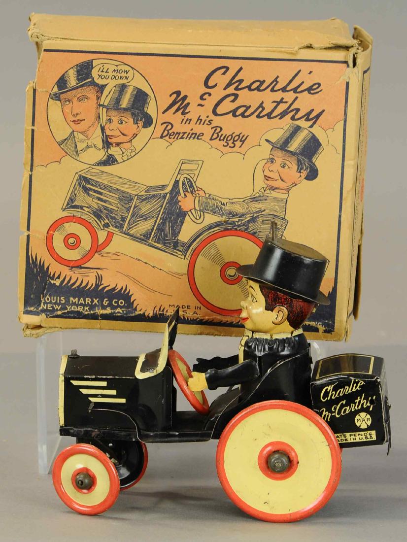 BOXED MARX CHARLIE MCCARTHY BENZINE BUGGY: 1224. BOXED MARX CHARLIE MCCARTHY BENZINE BUGGY | 7" l. | Box has minor tears and end flap detached, overall (Pristine Condition) | $300 - $500