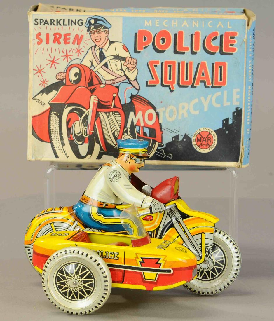 BOXED MARX POLICE SQUAD CYCLE W/ SIDECAR: 1229. BOXED MARX POLICE SQUAD CYCLE W/ SIDECAR | 8.5" l. | (Exc. - Pristine Cond.) | $300 - $500