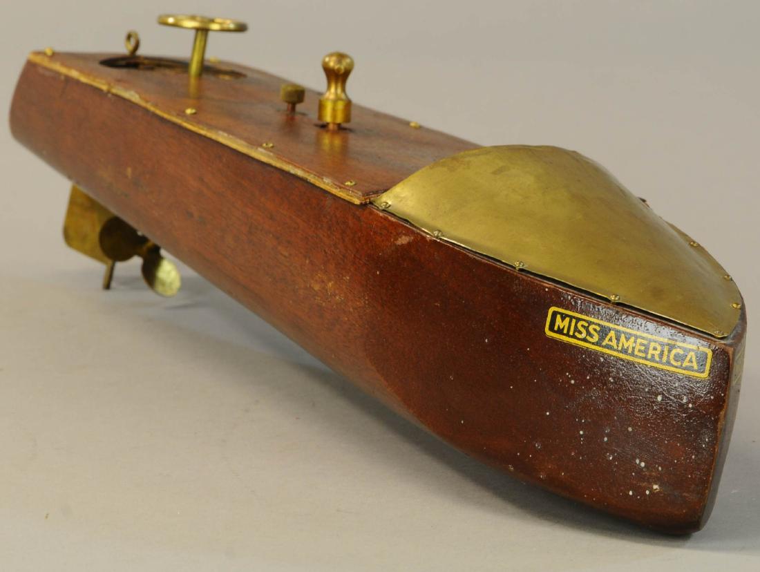 MENGEL PLAYTHINGS MISS AMERICA SPEEDBOAT: 1339. MENGEL PLAYTHINGS MISS AMERICA SPEEDBOAT | Wind-up motor. | 18" l. | (Exc. Cond.) | $300 - $500
