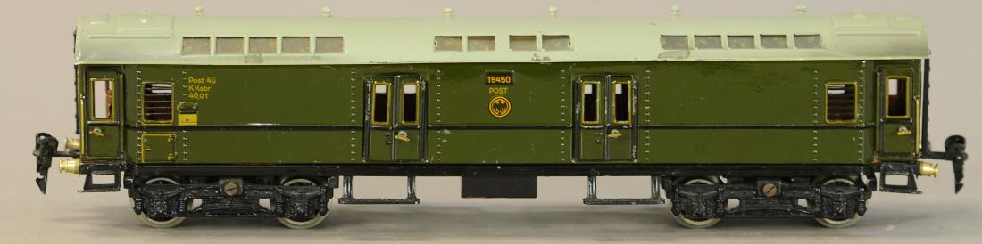 MARKLIN 40CM POSTAL CAR: 1380. MARKLIN 40CM POSTAL CAR | O gauge. | 15.5" | One broken wheel, overall (Exc. Cond.) | $400 - $600