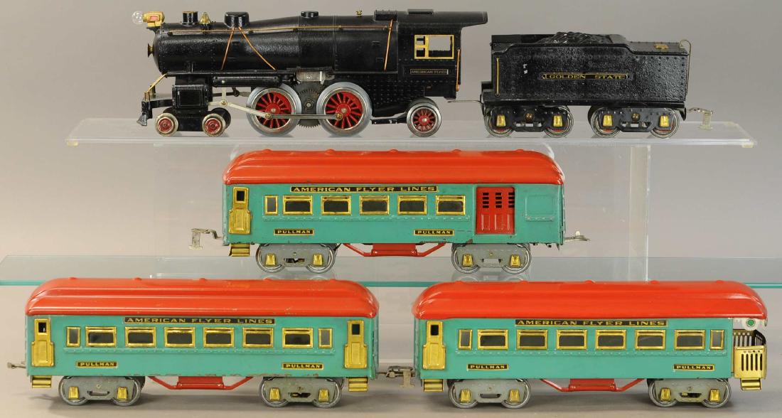 BOXED EARLY AMERICAN FLYER 4694 GOLDEN STATE SET: 1431. BOXED EARLY AMERICAN FLYER 4694 GOLDEN STATE SET | Standard gauge, 4660 auto reversing Loco, 1928 only. | Loco & tender 22.5" | One drive rod broken but present, loco and tender restored, cars i