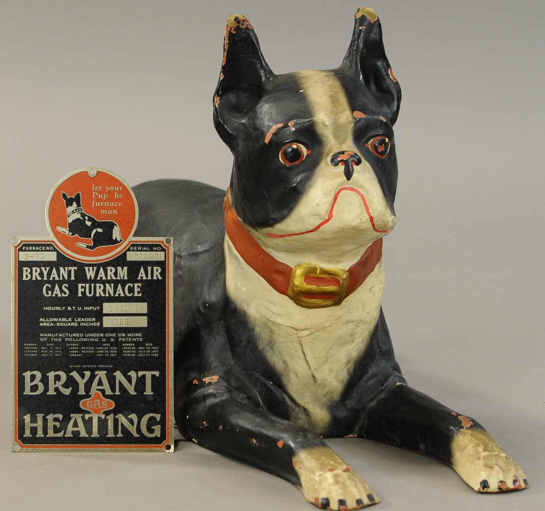 THE BRYANT STOVE CO. BULL DOG: 1500. THE BRYANT STOVE CO. BULL DOG | This papier mache French bull dog is marked, "The Bryant Pup," on his collar. | 21" h. | Sow age appropriate wear throughout, (Good Cond.) | $200 - $300