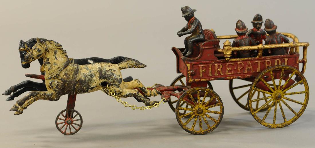 HUBLEY FIRE PATROL W/ TWO HORSE TEAM: 1038. HUBLEY FIRE PATROL W/ TWO HORSE TEAM | 20" l. | Missing bell, chain replaced. | $250 - $500