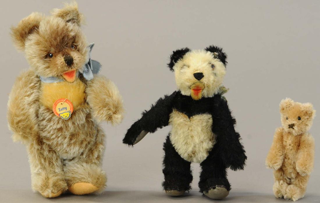 STEIFF ZOTTY, STEIFF PANDA BEAR & STEIFF ZOTTY, STEIFF: 1313. STEIFF ZOTTY, STEIFF PANDA BEAR & STEIFF ZOTTY, STEIFF PANDA BEAR & SMALL BEAR | Zotty w/chest tag, after 1950's, Panda w/button, c. 1950's, | 3.5" - 7" | All Original Condition. | $150 - $300