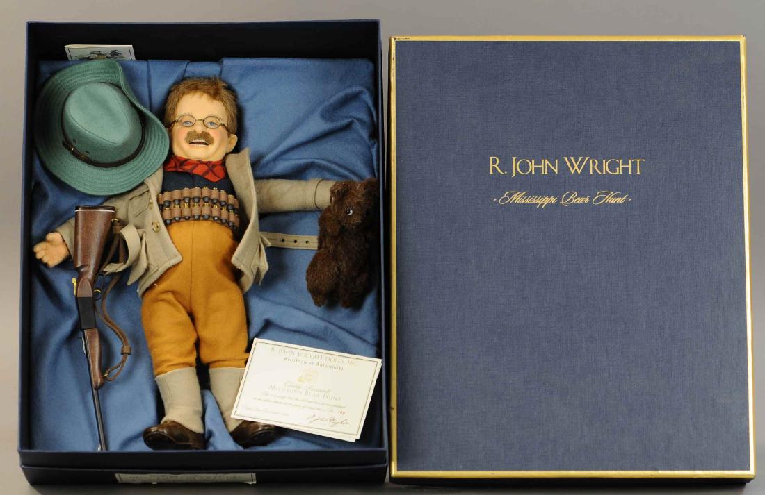 R. JOHN WRIGHT & MISSISSIPPI BEAR HUNT: 1336. R. JOHN WRIGHT & MISSISSIPPI BEAR HUNT | Boxed in (Mint Cond.) | Doll 15" h., box 14/5" x 18" x 6.5" | All Original Condition. | $75 - $150