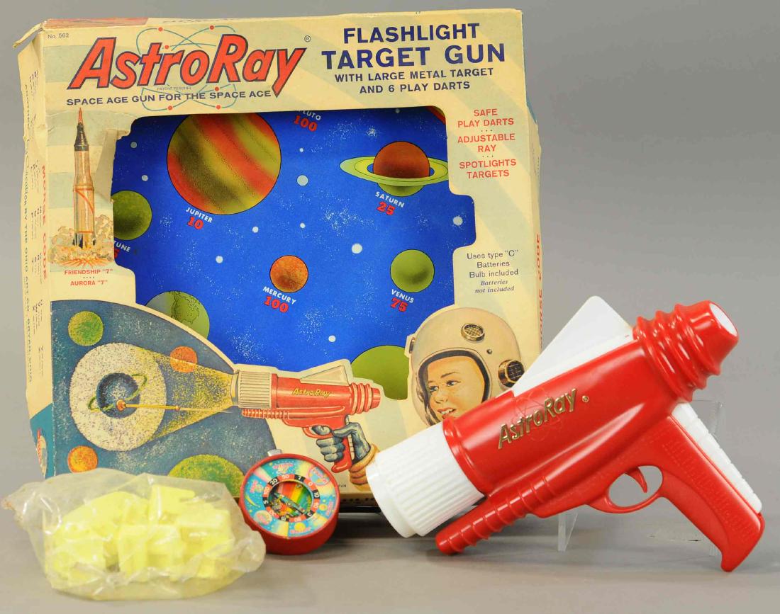 OHIO ART CO. ATSTRORAY FLASHLIGHT TARGET GUN: 40. OHIO ART CO. ATSTRORAY FLASHLIGHT TARGET GUN | 9.5" l. | Gun is missing some parts with minor cracking. | $75 - $150