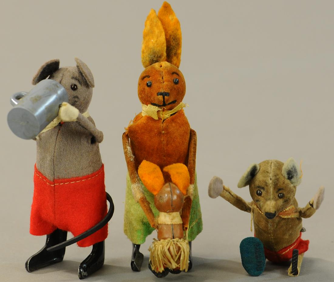 THREE SCHUCO MICE TOYS: 100. THREE SCHUCO MICE TOYS | 5" h. | Tumbling mouse missing one show, otherwise in All Original Condition. | $200 - $400