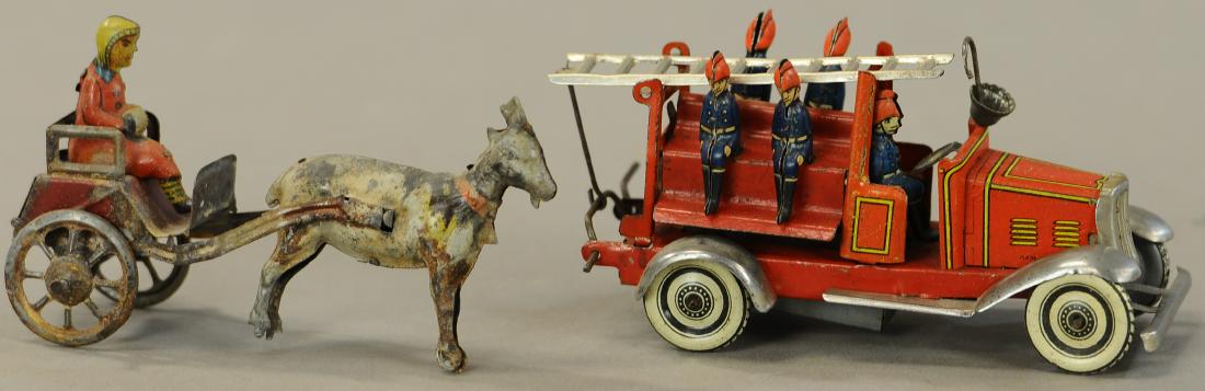 GOAT CART & FIRE ENGINE PENNY TOYS: 124. GOAT CART & FIRE ENGINE PENNY TOYS | 4.5" l. | All Original Condition. | $300 - $600