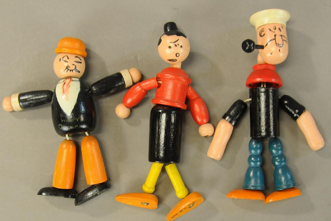 THREE JAYMAR POPEYE WOODEN FLEX TOYS: 128. THREE JAYMAR POPEYE WOODEN FLEX TOYS | 5.5" h. | All Original Condition. | $300 - $600