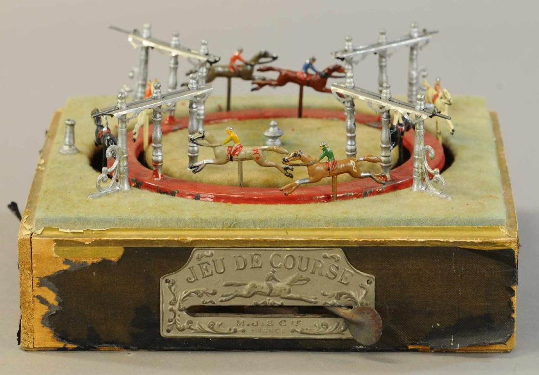 FRENCH JEU DE COURSE HORSE RACE GAME: 200. FRENCH JEU DE COURSE HORSE RACE GAME | 10.5"x10.5"x5.5" | Significant wear to cloth, but in All Original Condition. | $200 - $400