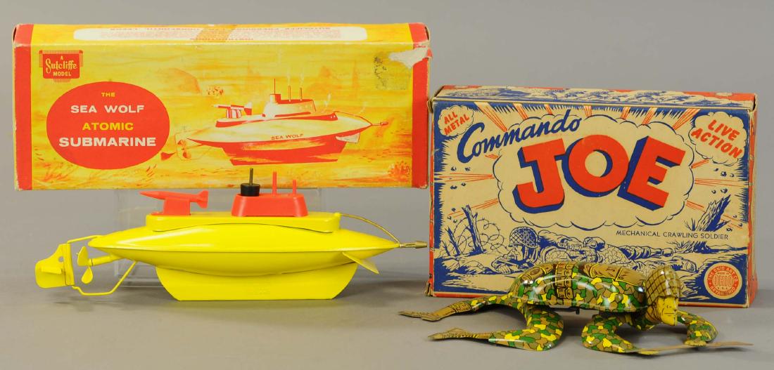 OHIO ART CRAWLING SOLIDER W/ SUTCLIFF SUBMARINE: 295. OHIO ART CRAWLING SOLIDER W/ SUTCLIFF SUBMARINE | 10" l. | Minor tear to box, All Original Condition. | $100 - $200