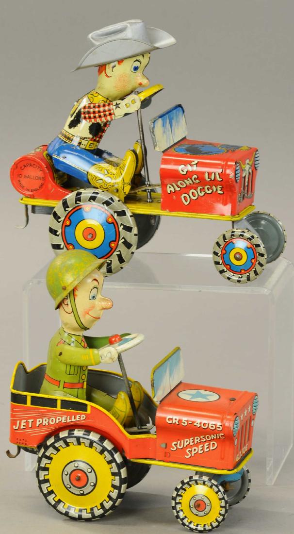 BRITAIN & USA CRAZY CAR PAIR: 318. BRITAIN & USA CRAZY CAR PAIR | Lot includes unusual Kaufman Collection example of a made in England "Git Along Lil' Doggie" auto together with Unique Art GI Joe bouncing jeep. | 7" l. | All Origi