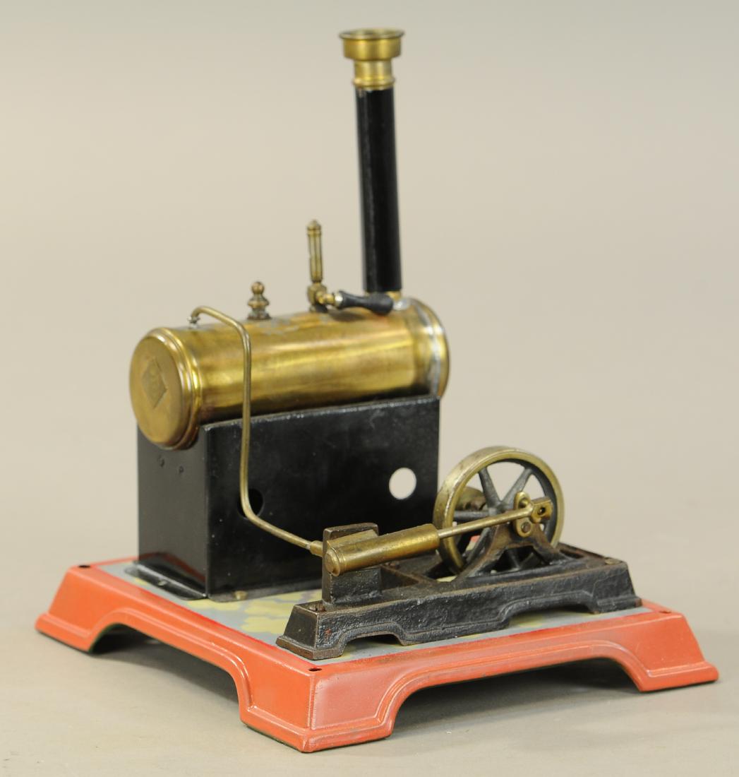 MARKLIN HORIZONTAL STEAM PLANT: 442. MARKLIN HORIZONTAL STEAM PLANT | circa 1905, burnished boiler single action piston, whistle, pressure valve, chiplet burner, 4" stack. | Base 8" x 7". | Restored. | $125 - $250