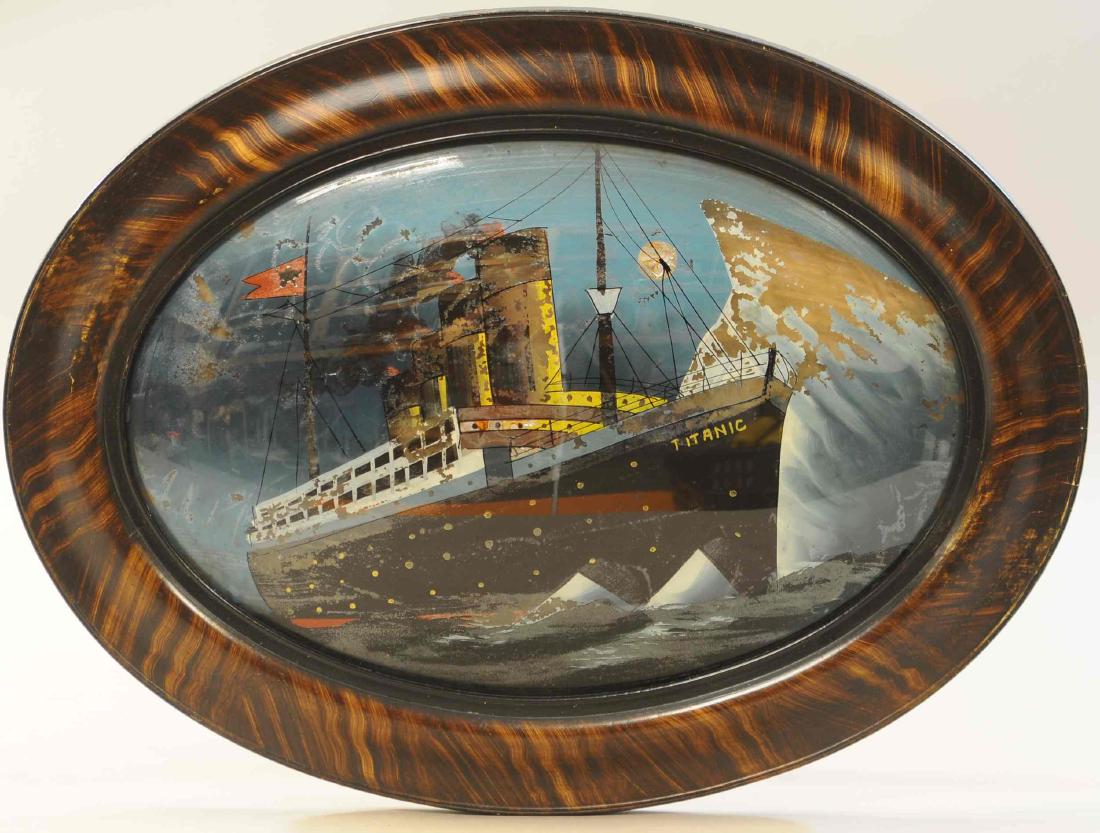 REVERSED GLASS PAINT TITANIC SHIP SCENE: 448. REVERSED GLASS PAINT TITANIC SHIP SCENE | Provenance: Malcolm Forbes Collection. | 18.5" w. x 24.5" l. | All Original Condition. | $400 - $800