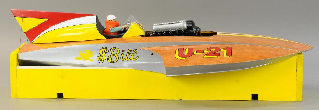 U21 DOLLAR BILL MODEL RACE BOAT: 451. U21 DOLLAR BILL MODEL RACE BOAT | 36" | Wooden model without motor, sold as-is. | $300 - $600