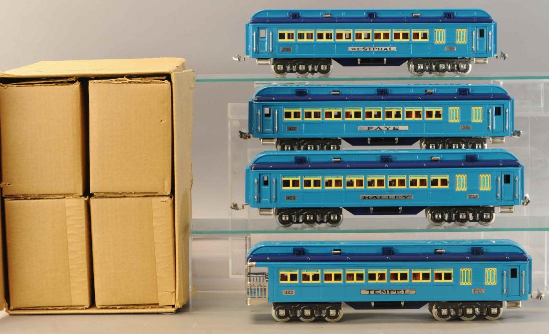 BOXED MTH CONTEMPORARY BLUE COMET CARS: 504. BOXED MTH CONTEMPORARY BLUE COMET CARS | Standard gauge. | Each 19" | Contemporary example. | $250 - $500