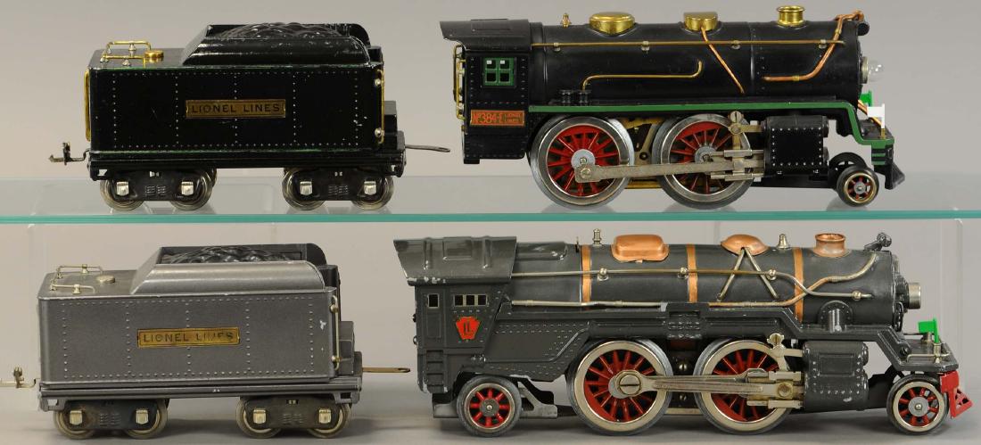 LIONEL NO. 384 & NO. 385E LOCOMOTIVES: 525. LIONEL NO. 384 & NO. 385E LOCOMOTIVES | Standard gauge, electric. | Loco & tender 23" | No. 384 engine has one wheel replaced. | $250 - $500