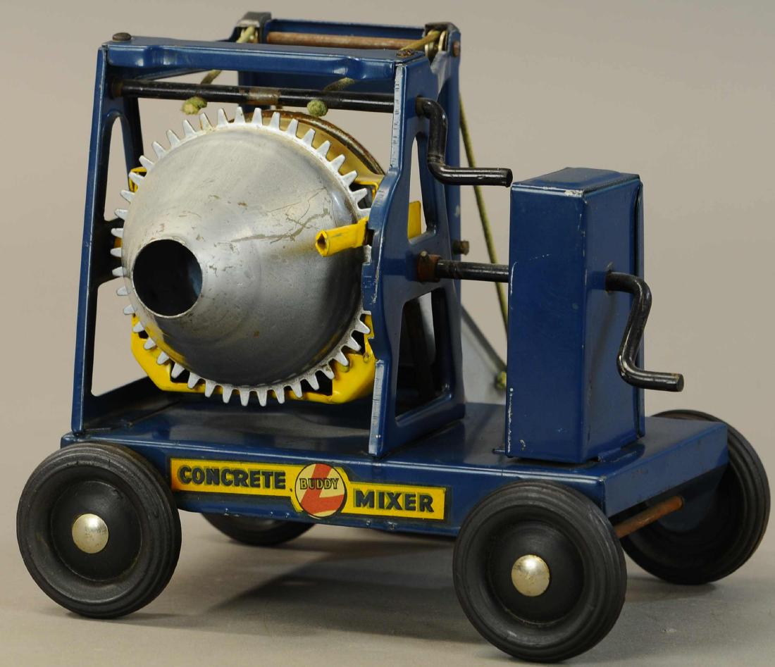 BUDDY L BLUE CONCRETE MIXER: 612. BUDDY L BLUE CONCRETE MIXER | 9" l. | Decal worn on one side, All Original Condition. | $125 - $250