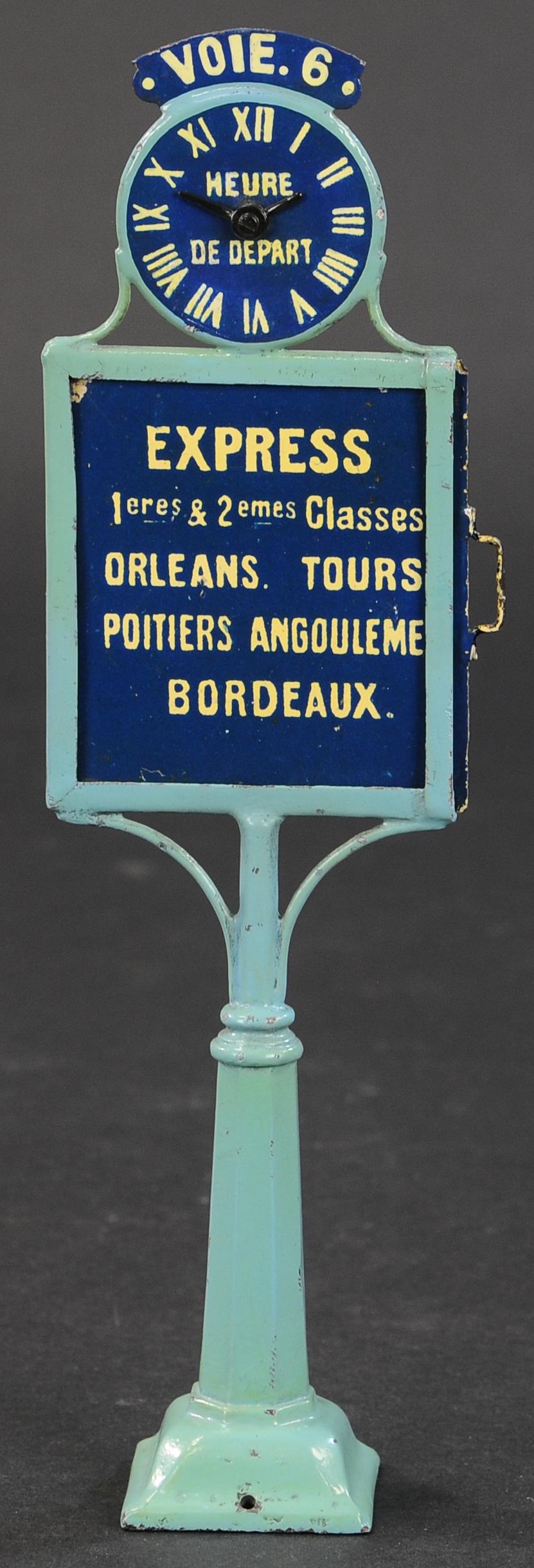 MARKLIN FRENCH CLOCK AND INDICATOR BOARD: 29. MARKLIN FRENCH CLOCK AND INDICATOR BOARD | Rare, Hand painted, Gauge 1 or 2, unusual and attractive indicator board for the French market, features clock with Roman numerals to display "heure de d
