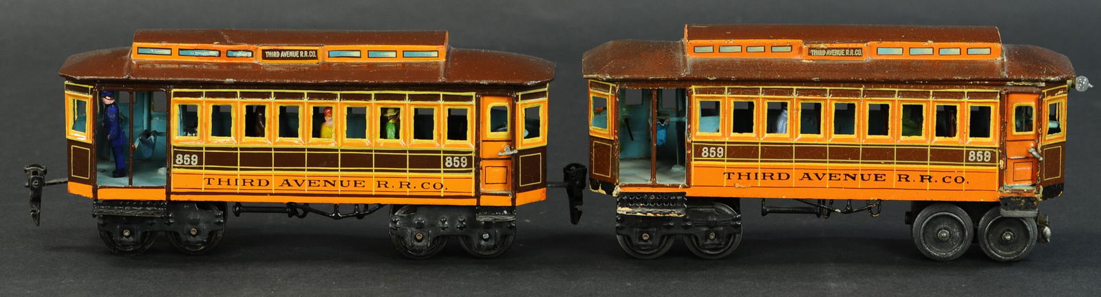 MARKLIN THIRD AVENUE TROLLEY SET: 109. MARKLIN "THIRD AVENUE" TROLLEY SET | Extraordinarily rare American market trolleys, electric, hand painted, Gauge 0, both marked "Third Avenue RR Co," painted in orange and brown just as some of