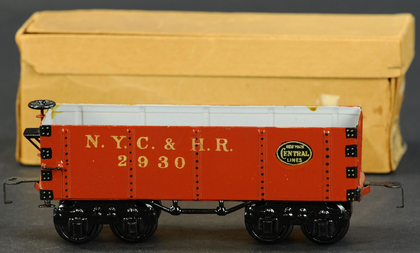 BOXED MARKLIN NYC & HR. GONDOLA: 164. BOXED MARKLIN NYC & HR. GONDOLA | Gauge O. | 7" length. | Box lid missing two side flaps, (Near Mint Condition) | $300 - $500