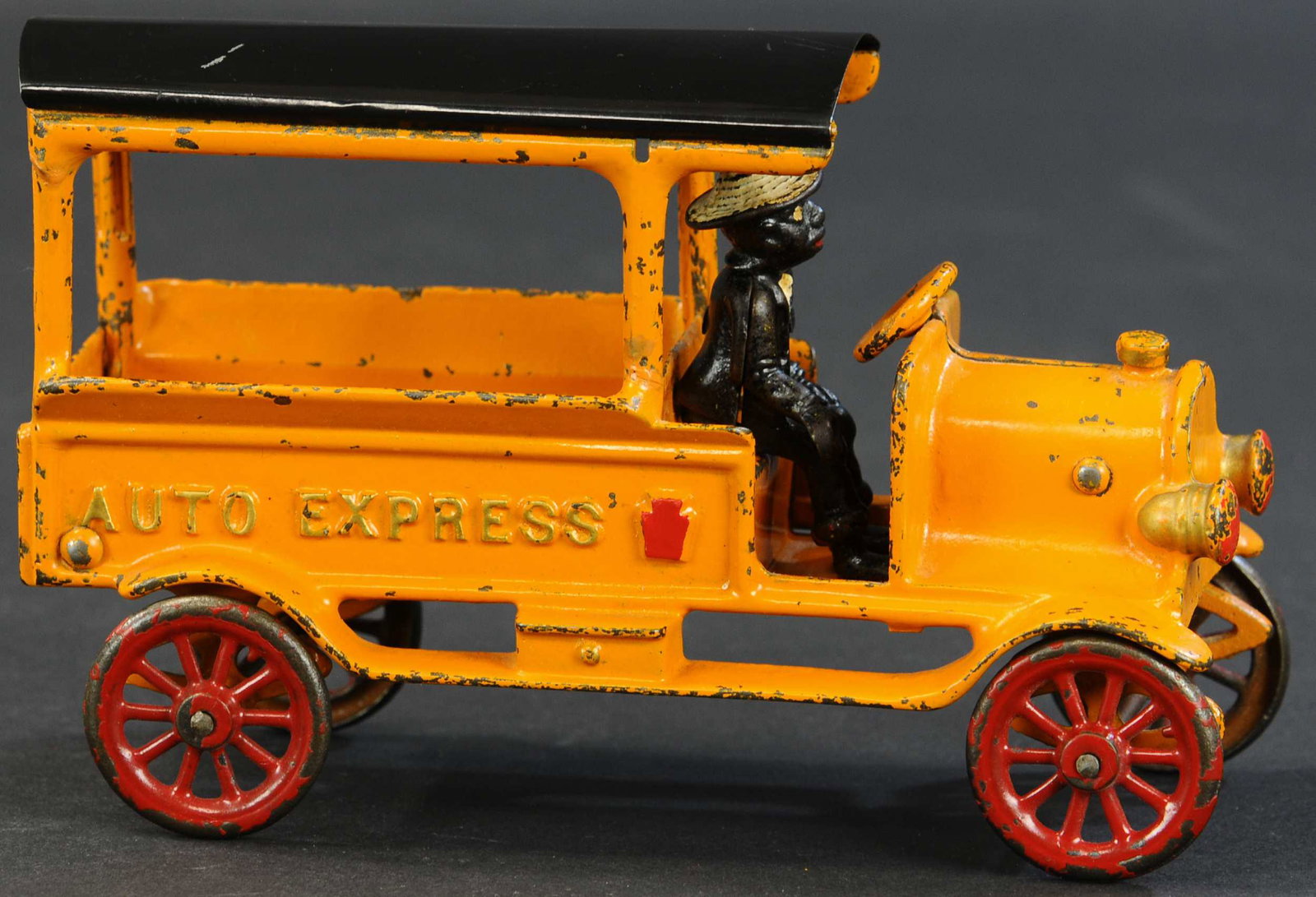 HUBLEY AUTO EXPRESS HUCKSTER: 283. HUBLEY AUTO EXPRESS HUCKSTER | Hubley, Pennsylvania, circa 1915, a very hard to find version of this early delivery truck with a fragile four post frame to hold the roof, as this is the first pla