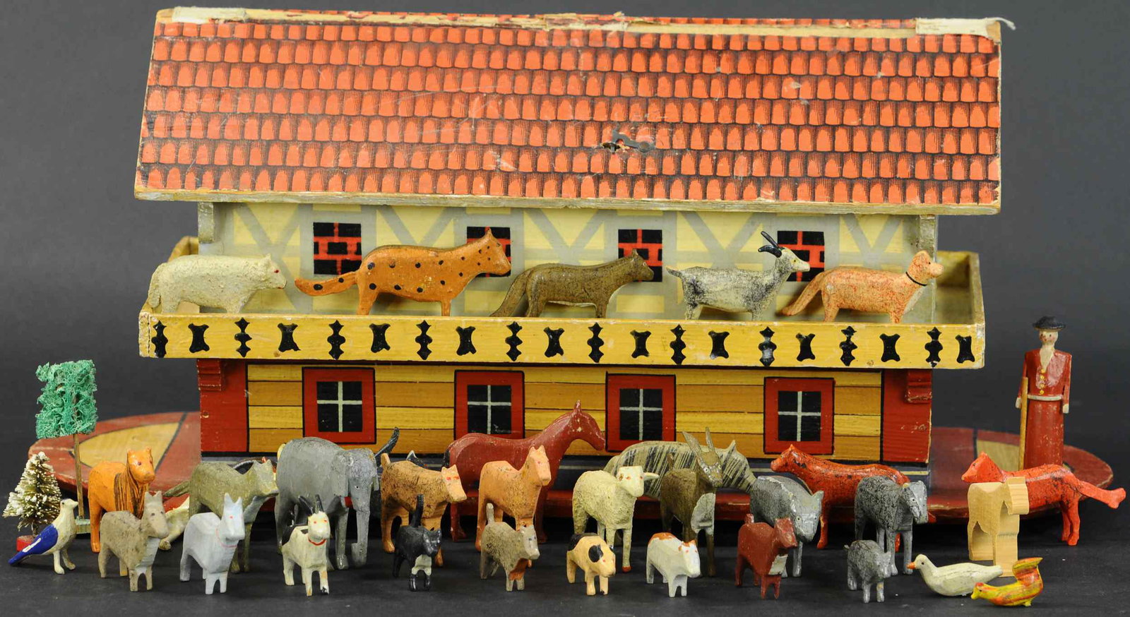 NOAH'S ARK SINGLES CRUISE FLOOR TOY: 340. NOAH'S ARK SINGLES CRUISE FLOOR TOY | European made and likely from Germany, includes 35 animal and one person figure, hinged roof opens to store pieces. | 18" length. | (Very Good to Excellent C