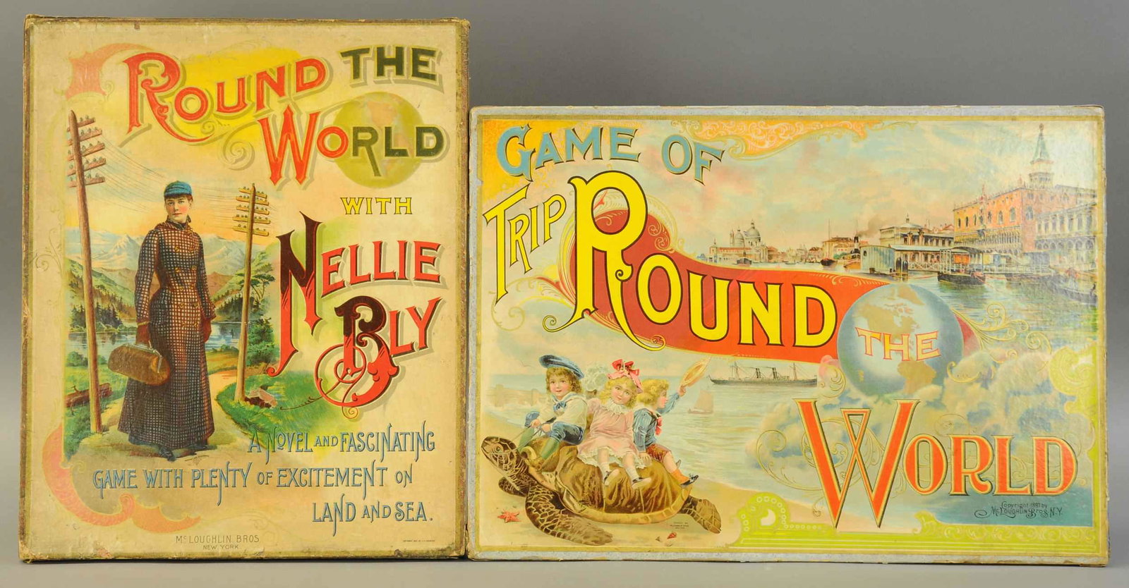 TWO MCLOUGLIN BROS. ROUND THE WORLD GAMES: 383. TWO MCLOUGLIN BROS. "ROUND THE WORLD GAMES" | circa 1897 & 1890, great graphics and good strong colors on both games, both with built in playing boards, two spinners with Trip Round the World, Ne