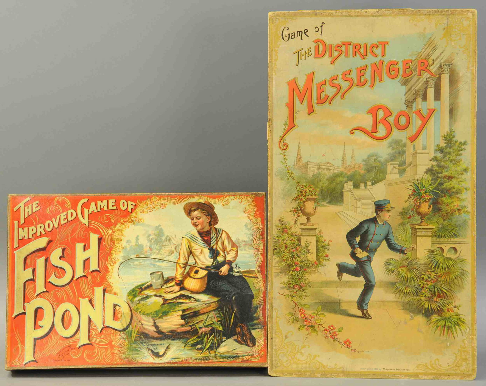 THE GAMES OF MESSENGER BOY & FISH POND: 384. THE GAMES OF MESSENGER BOY & FISH POND | Early McLoughlin Fish Pond Game, copyright 1890, paper litho on wood, complete with fish and poles; and the Messenger Boy, copyright 1886, with four boys.