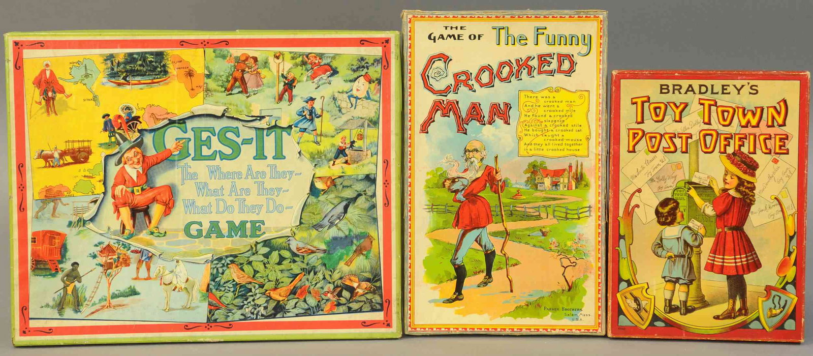 CROOKED MAN, POST OFFICE & GES-IT GAMES: 394. CROOKED MAN, POST OFFICE & "GES-IT" GAMES | Milton Bradley's Toy Town Post Office, c. 1909, comes with one mask, and one post office window, BOOK EXAMPLE, page 158; along with Crooked Man and Ges