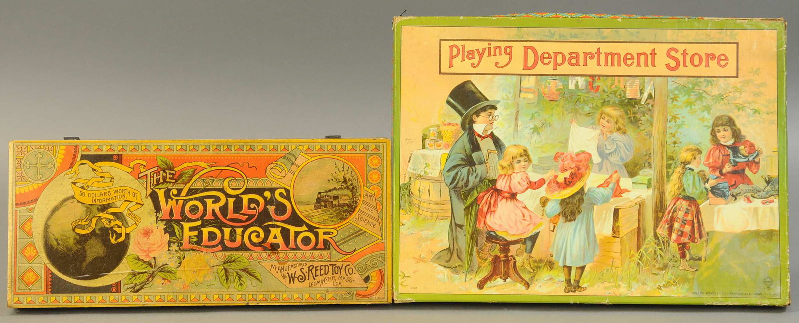 DEPARTMENT STORE & A WORLD'S EDUCATOR GAMES: 396. DEPARTMENT STORE & A WORLD'S EDUCATOR GAMES | W.S. Reed Toy Co., World's Educator Game, great litho throughout, along with a Milton Bradley Department Store game with large and colorful playing b