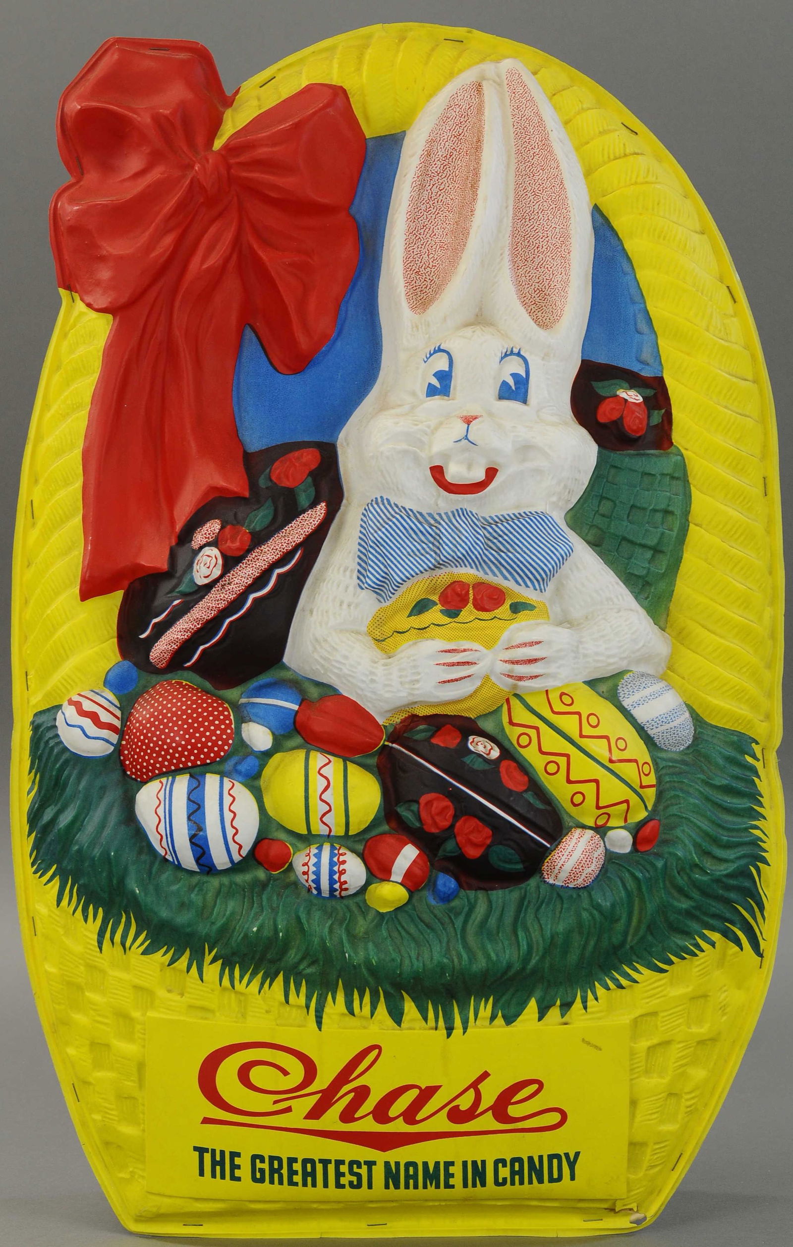 BLOW MOLD BACKLIT DISPLAY FOR CHASE EASTER CANDY: 411. BLOW MOLD BACKLIT DISPLAY FOR CHASE EASTER CANDY | Fabulous blow mold display for the Chase Candy Company featuring the Easter Bunny w/eggs, lights & displays well. | 28" height. | (Excellent Con