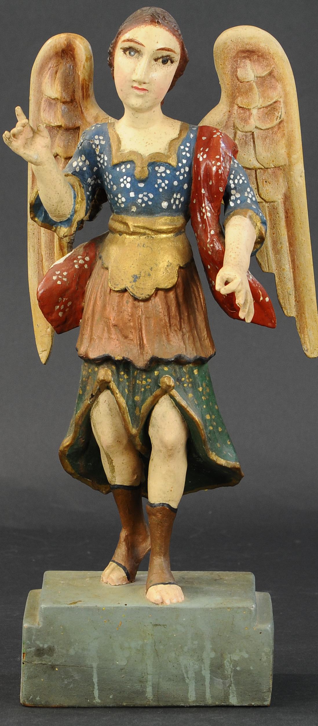 RARELY SEEN LARGE ANGEL FIGURE: 434. RARELY SEEN LARGE ANGEL FIGURE | Possibly Spanish, good strong color and detail on this gessoed wood Creche figure. | 18" high. | Some very light wear, tip of one finger missing, (Excellent Condi