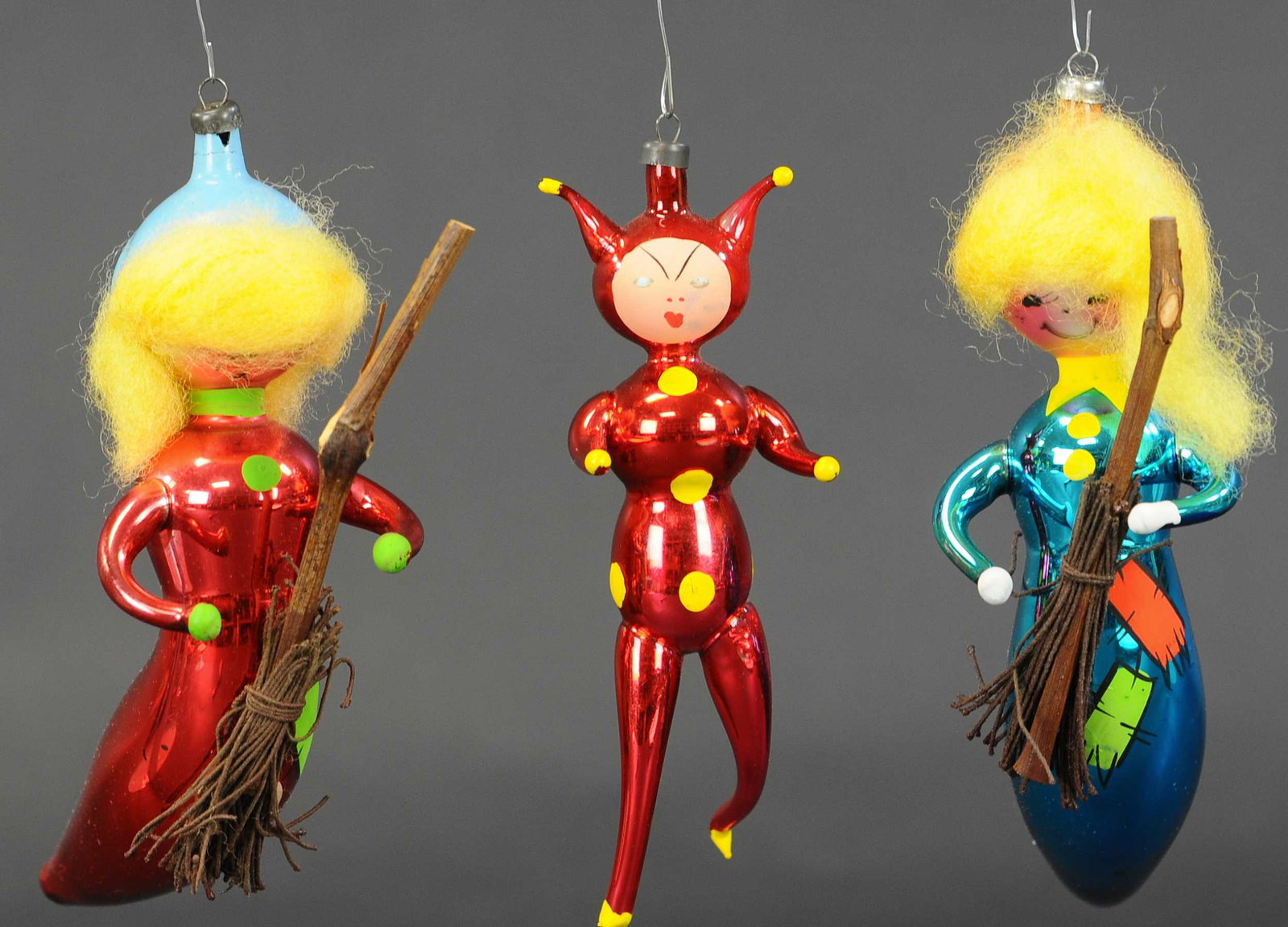 TWO WITCH AND DEVIL ITALIAN GLASS ORNAMENTS: 640. TWO WITCH AND DEVIL ITALIAN GLASS ORNAMENTS | Blown glass. | 4"-7" length. | (Excellent Condition) | $150 - $200