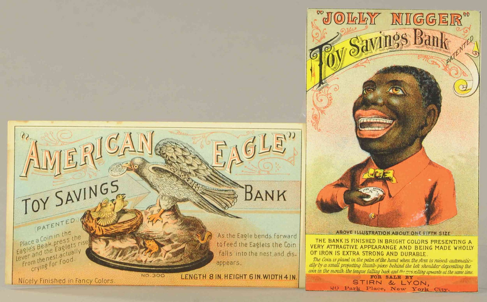 JOLLY N & EAGLE MECHANICAL BANK TRADE CARDS: 201. JOLLY N & EAGLE MECHANICAL BANK TRADE CARDS | Cards are trimmed, (Exc. Cond.) | $200 - $400