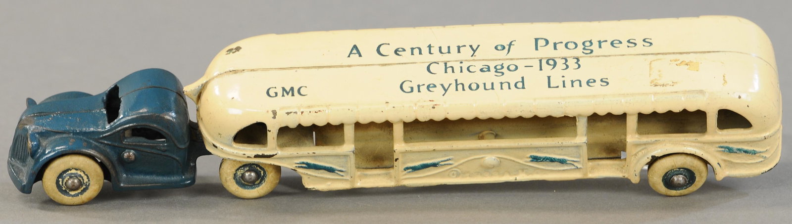 1933 CENTURY OF PROGRESS GREYHOUND BUS: 334. 1933 CENTURY OF PROGRESS GREYHOUND BUS | 10" l. | (Exc. Cond.) | $300 - $500