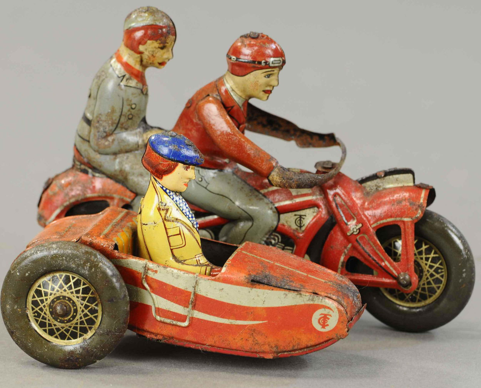 TIPPCO FAMILY OUTING CYCLE W/ SIDECAR: 1225. TIPPCO FAMILY OUTING CYCLE W/ SIDECAR | A hard to find cycle with sidecar addition. 6" l. | Some surface rust in areas, overall (VG Cond.) | $600 - $900