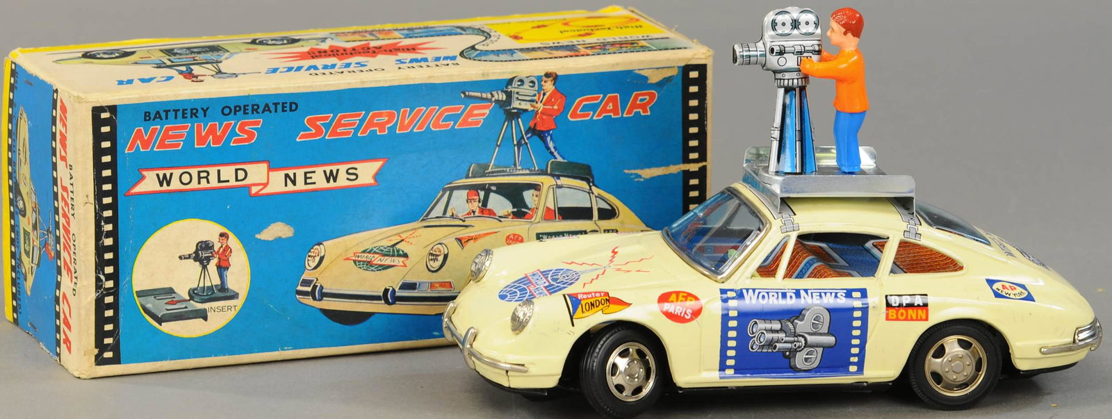 TPS JAPAN PORSCHE NEWS SERVICE CAR: 1395. TPS JAPAN PORSCHE NEWS SERVICE CAR | Japan, fun battery-op toy drives in a circle with a hanging bar on the underside sporadically lifting the car to seemingly bank a hard-left hand turn, origin