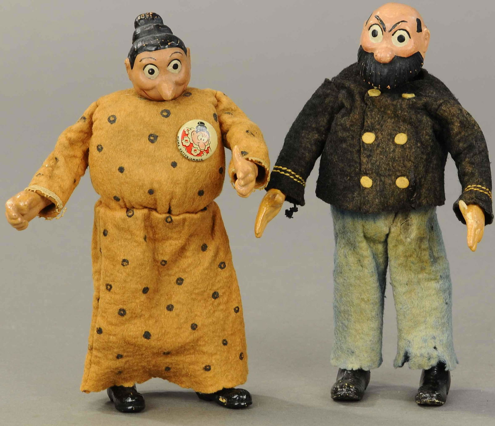 MAMA KATZENJAMMER AND THE CAPTAIN FIGURES: 1406. MAMA KATZENJAMMER AND THE CAPTAIN FIGURES | A. Bucherer & Cie, Switzerland, circa 1930, 2 metal fully jointed figures with composition heads, hands and molded shoes, including Mama Katzenjammer