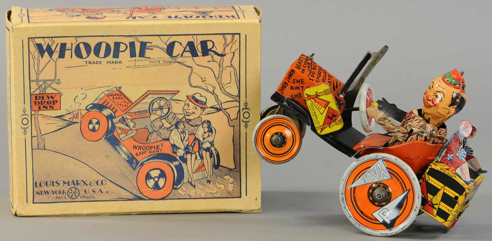 BOXED MARX WHOOPEE COLLEGE CAR: 1501. BOXED MARX WHOOPEE COLLEGE CAR | Car 8". | Box, inner flaps detached, toy (Exc.-Pristine Cond.) | $300 - $500