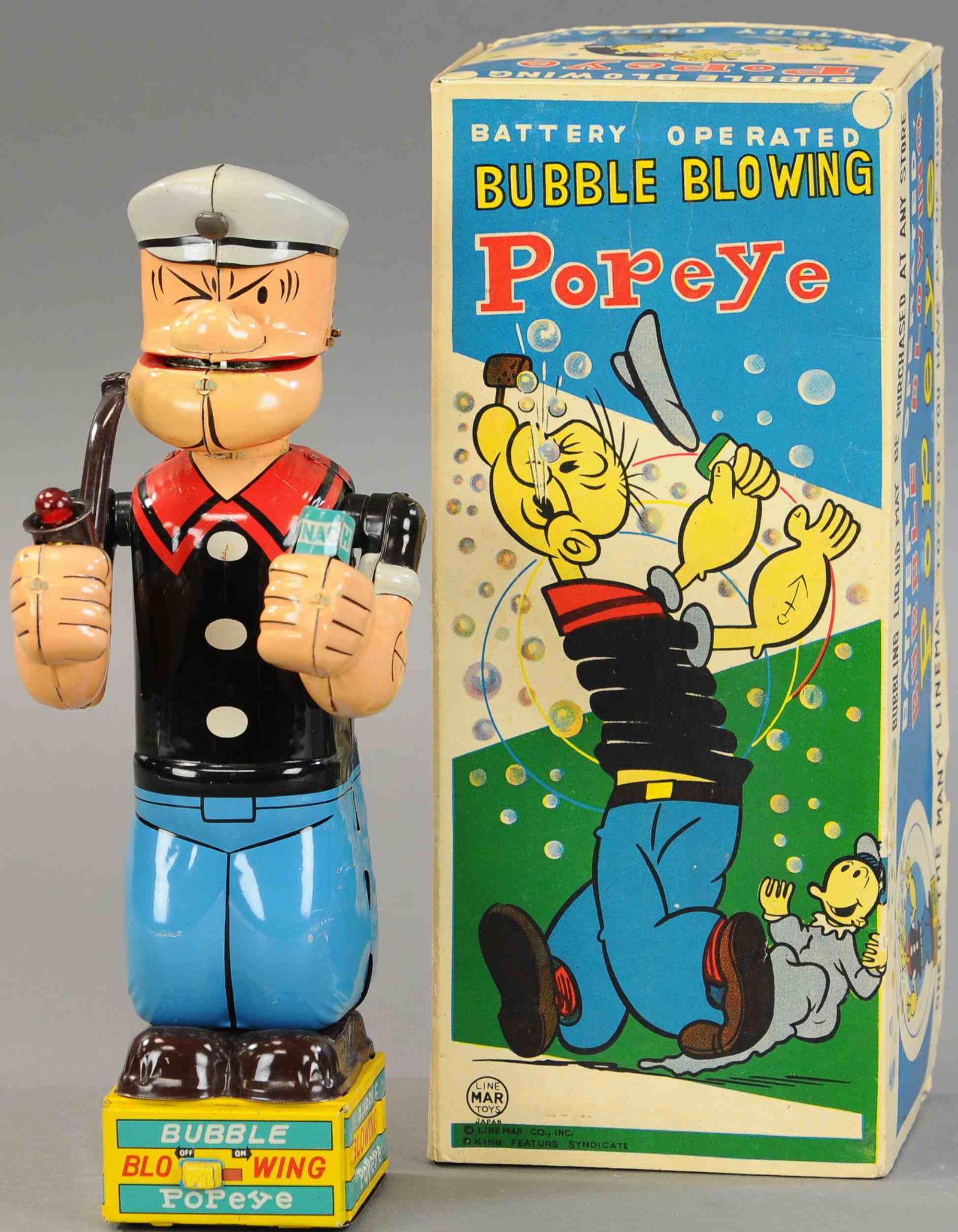 BOXED LINEMAR BUBBLE BLOWING POPEYE: 1517. BOXED LINEMAR BUBBLE BLOWING POPEYE | 11.75" | Red light not working, otherwise (Pristine Cond.) | $600 - $800