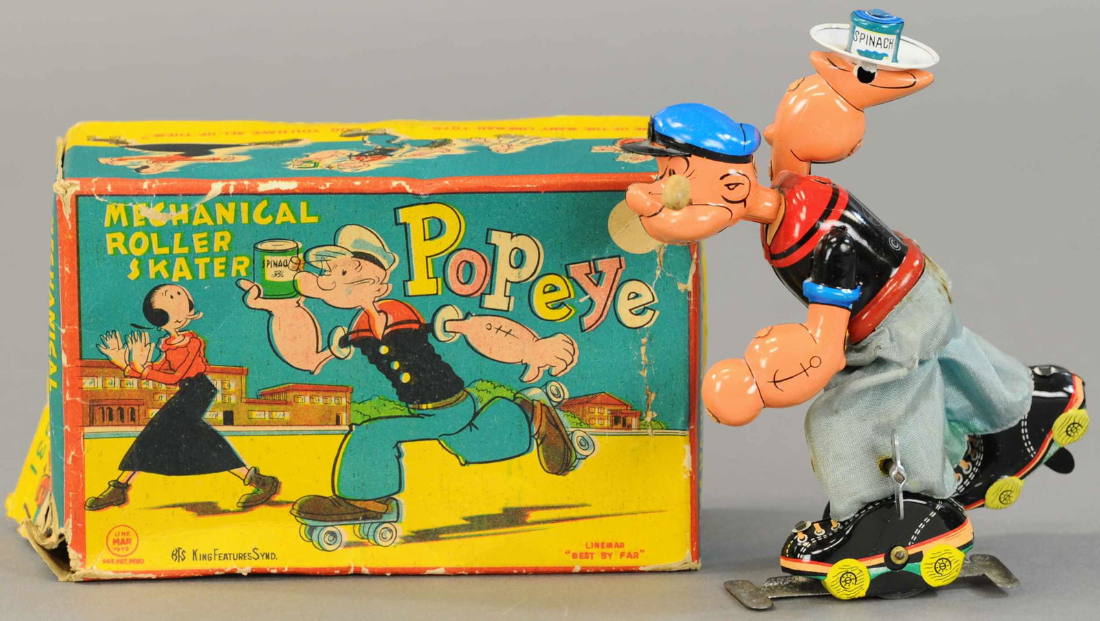 BOXED LINEMAR POPEYE THE ROLLER SKATER: 1671. BOXED LINEMAR POPEYE THE ROLLER SKATER | Desirable wind-up example, nice lithography to lid on original box. 7" | Some factory touch-ups, minor staining to parts, otherwise (Pristine Cond.) | $5