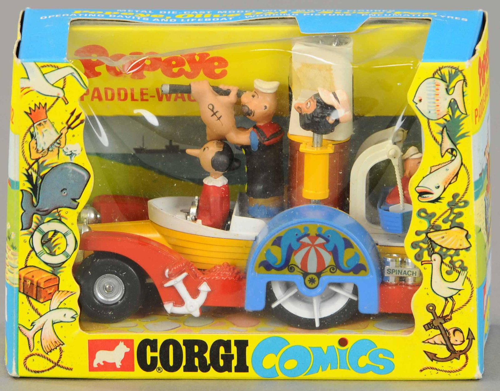 BOXED CORGI POPEYE PADDLE WAGON: 1687. BOXED CORGI POPEYE PADDLE WAGON | 5" l. | (Near Mint Cond.) | $200 - $400