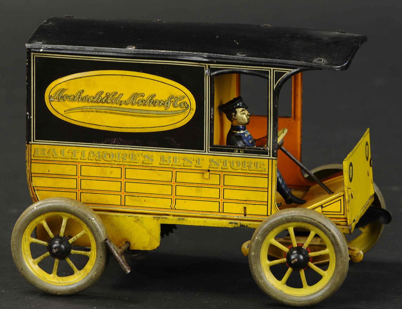 HANS EBERL PRIVATE LABEL DELIVERY VAN: 2016. HANS EBERL PRIVATE LABEL DELIVERY VAN | Very scarce early example of private label series from German maker, sides read "Hochschild, Kohn & Co. Baltimore's Best Store." 7.5" l. | Original front