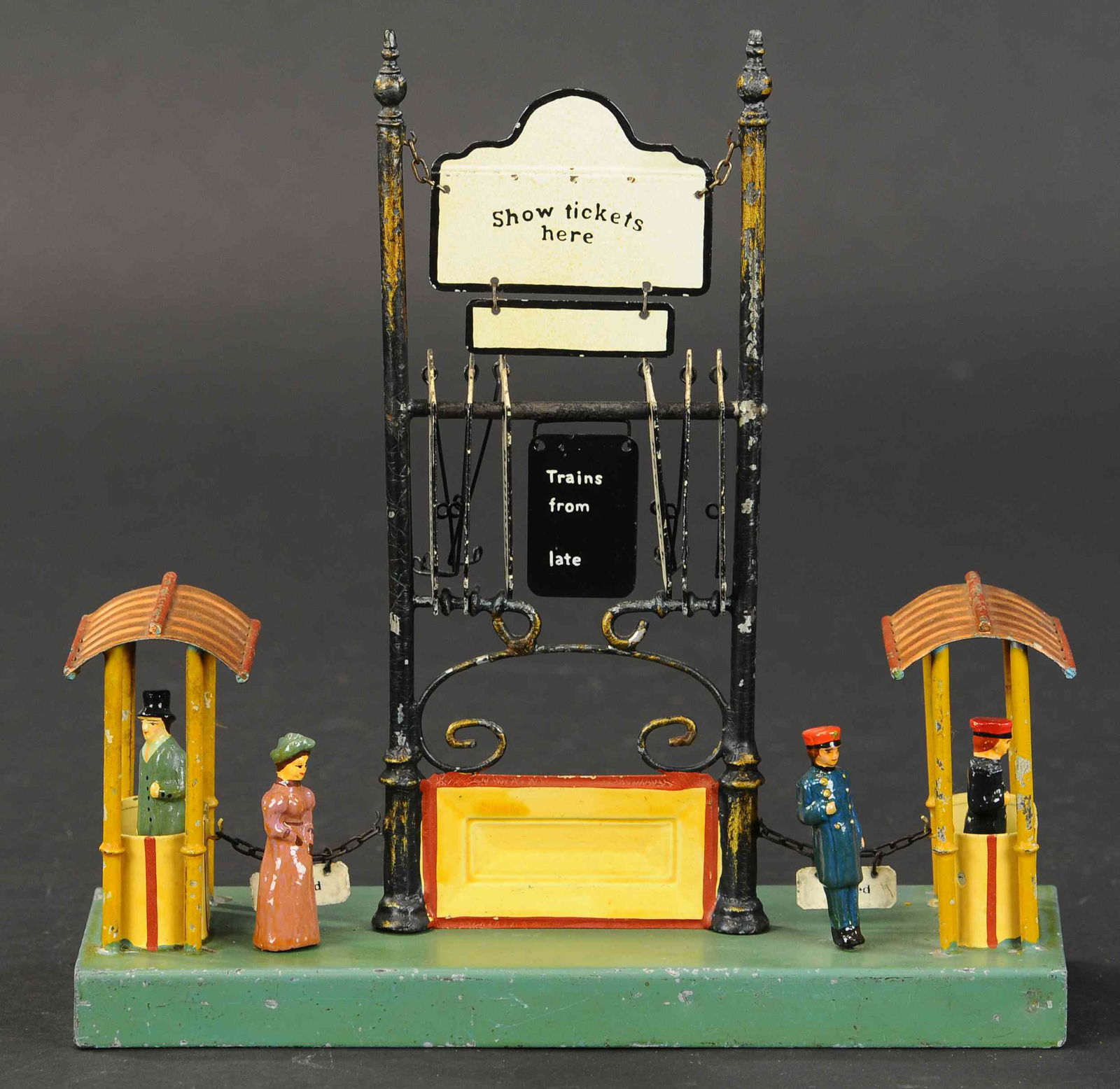 MARKLIN TICKET BOOTH DESTINATION BOARD: 2124. MARKLIN TICKET BOOTH DESTINATION BOARD | U.S. cities on board, Washington, Phila., NYC, Brooklyn, etc. 10" h. x 9.5" w. | Center white sign replaced, tip of one spike replaced, otherwise (Excell