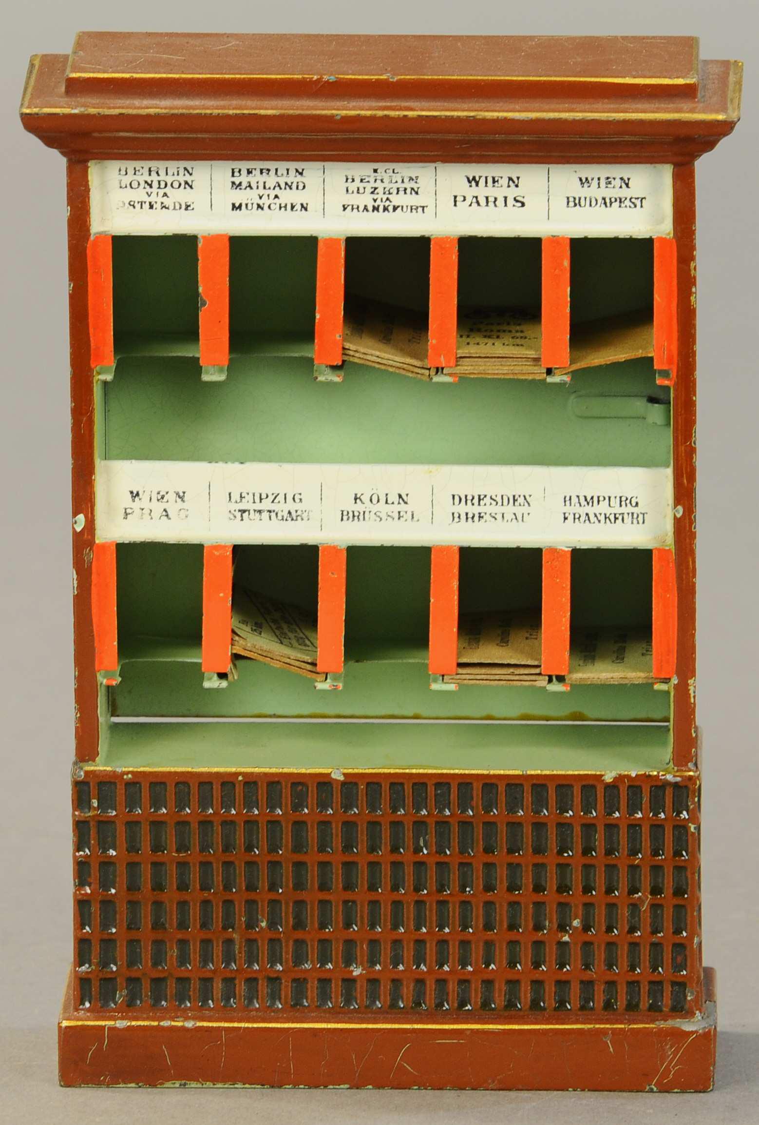 MARKLIN TICKET DISPENSER: 2142. MARKLIN TICKET DISPENSER | European market. 7.5" h. | (Excellent Condition) | $500 - $750 | Provenance: Sam Downey Collection.