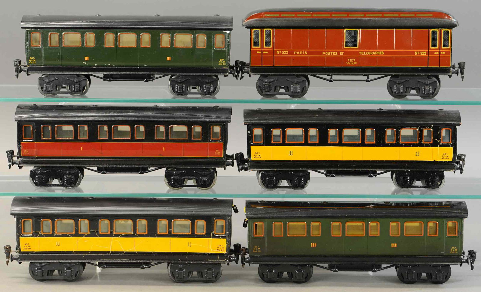 SIX MARKLIN PLM CARS: 2266. SIX MARKLIN PLM CARS | Gauge 1. 12.5" l. | Some with minor touch-ups and enhancements, overall in (Excellent to Pristine Condition) | $2,000 - $3,000 | Provenance: Sam Downey Collection.