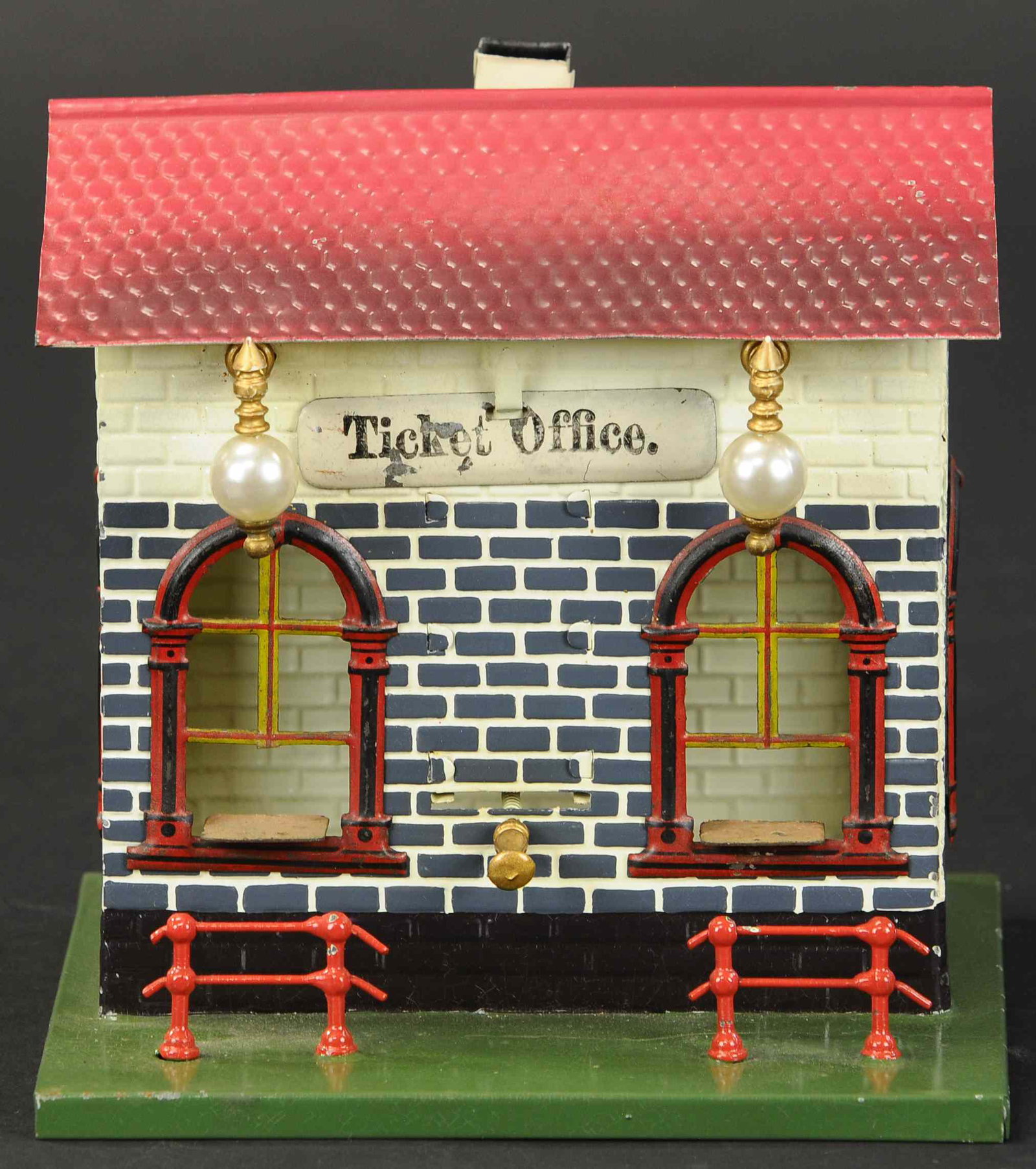 BING TICKET OFFICE: 2299. BING TICKET OFFICE | English market, some untampered pieces are used such as windows. 6.5" h. | Building, base & roof are nicely Restored. | $200 - $400 | Provenance: Sam Downey Collection.