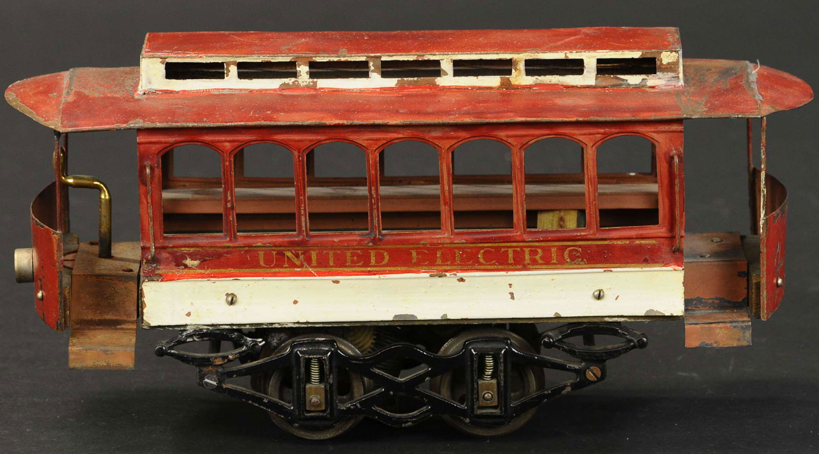 VOLTAMP 2120 TROLLEY: 2327. VOLTAMP 2120 TROLLEY | 2" gauge, desirable example and rather hard to find, particularly with original paint such as this. 12" l. | Reverse switch missing connectors, original clerestory is re-a